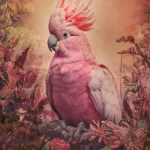 kunstwerk-van-een-roze-kaketoe-tussen-bloemen-op-plexiglas-of-dibond