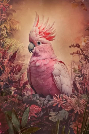 kunstwerk-van-een-roze-kaketoe-tussen-bloemen-op-plexiglas-of-dibond