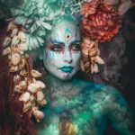 magisch-kunstportret-la-fee-verte-met-kleurrijke-bloemenkroon-en-expressieve-bodypaint-op-plexiglas-of-dibond
