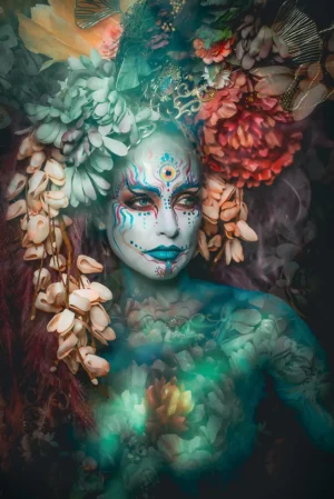 magisch-kunstportret-la-fee-verte-met-kleurrijke-bloemenkroon-en-expressieve-bodypaint-op-plexiglas-of-dibond