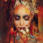 kunstzinnig-portret-van-vrouw-met-kleurrijke-vlinders-en-expressieve-make-up-op-plexiglas-of-dibond
