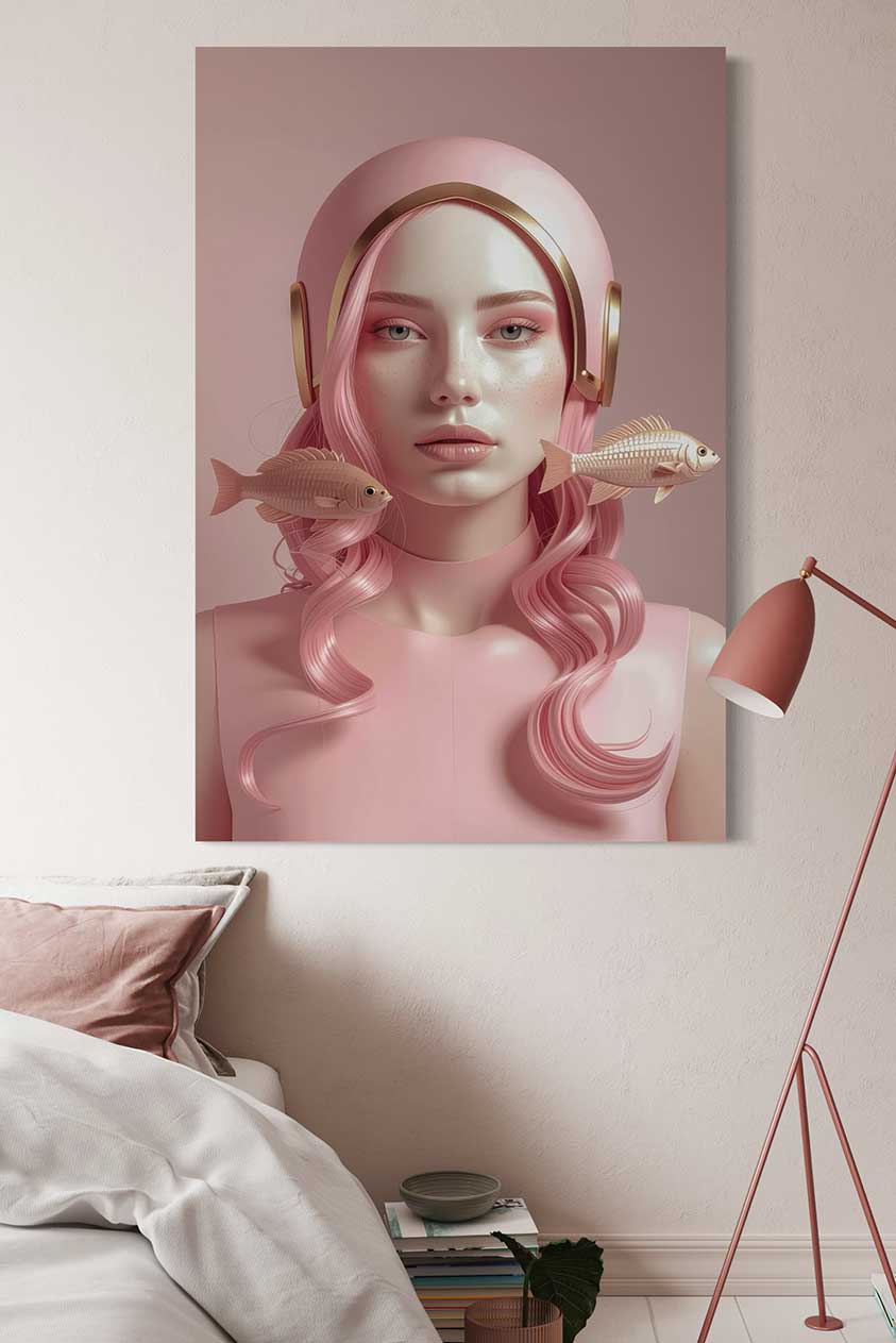 futuristisch-portret-pink-fish-love-van-een-vrouw-met-roze-haar-en-vissen-op-plexiglas-of-dibond-room2