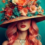 plexiglas-schilderij-vrouw-roze-haar-bloemenhoed-turquoise-achtergrond