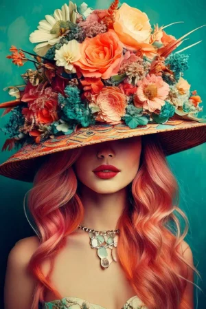 plexiglas-schilderij-vrouw-roze-haar-bloemenhoed-turquoise-achtergrond