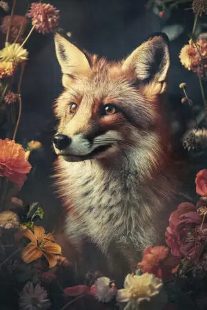 kunstzinnig-dierenportret-van-een-sluwe-vos-omringd-door-bloemen-op-plexiglas-of-dibond