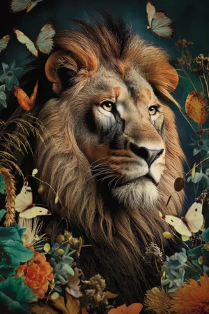 plexiglas-schilderij-leeuw-bloemen