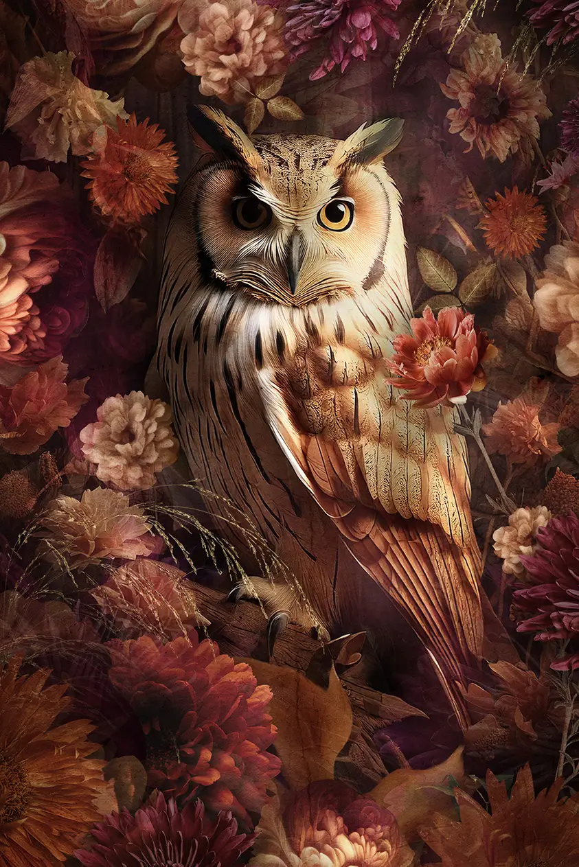 statige-uil-tussen-bloemen-kunstwerk-plexiglas-dibond