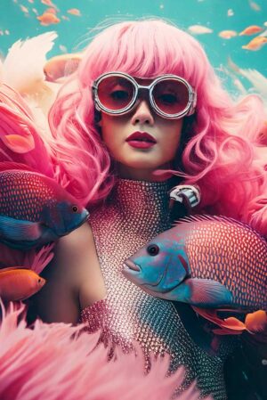 underwater-pink-digitaal-kunstwerk-vrouw-met-roze-haar-en-vissen
