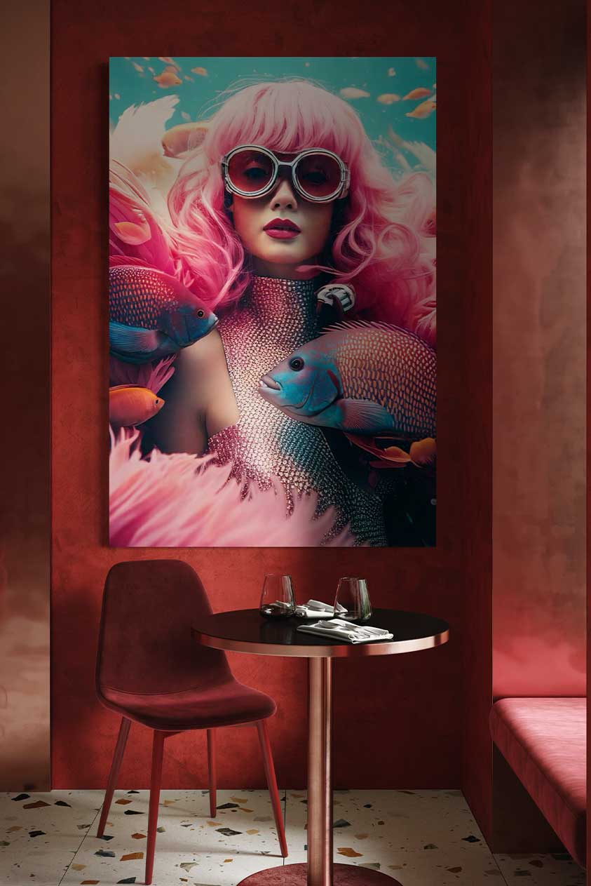 underwater-pink-digitaal-kunstwerk-vrouw-met-roze-haar-en-vissen-room1