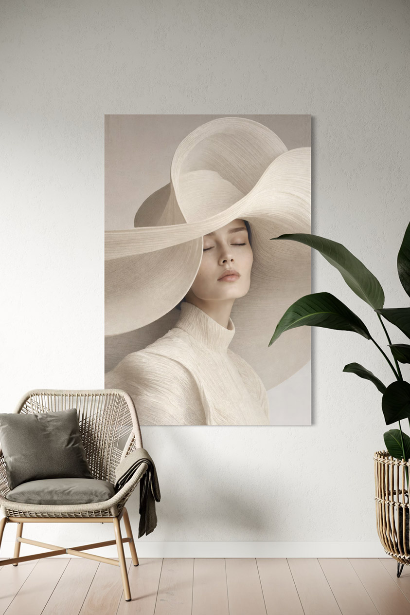 Ivory Whisper kunstwerk op plexiglas aan de muur in een modern interieur