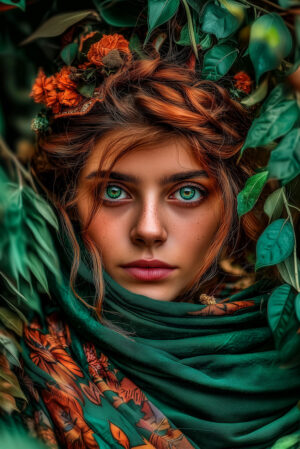 Portret van een meisje met groene ogen en bloemen in haar haar, omgeven door bladeren – dream forest girl kunstwerk.