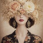 Face Behind the Flowers – vrouwelijk portret met bloemen in beige en goudtinten