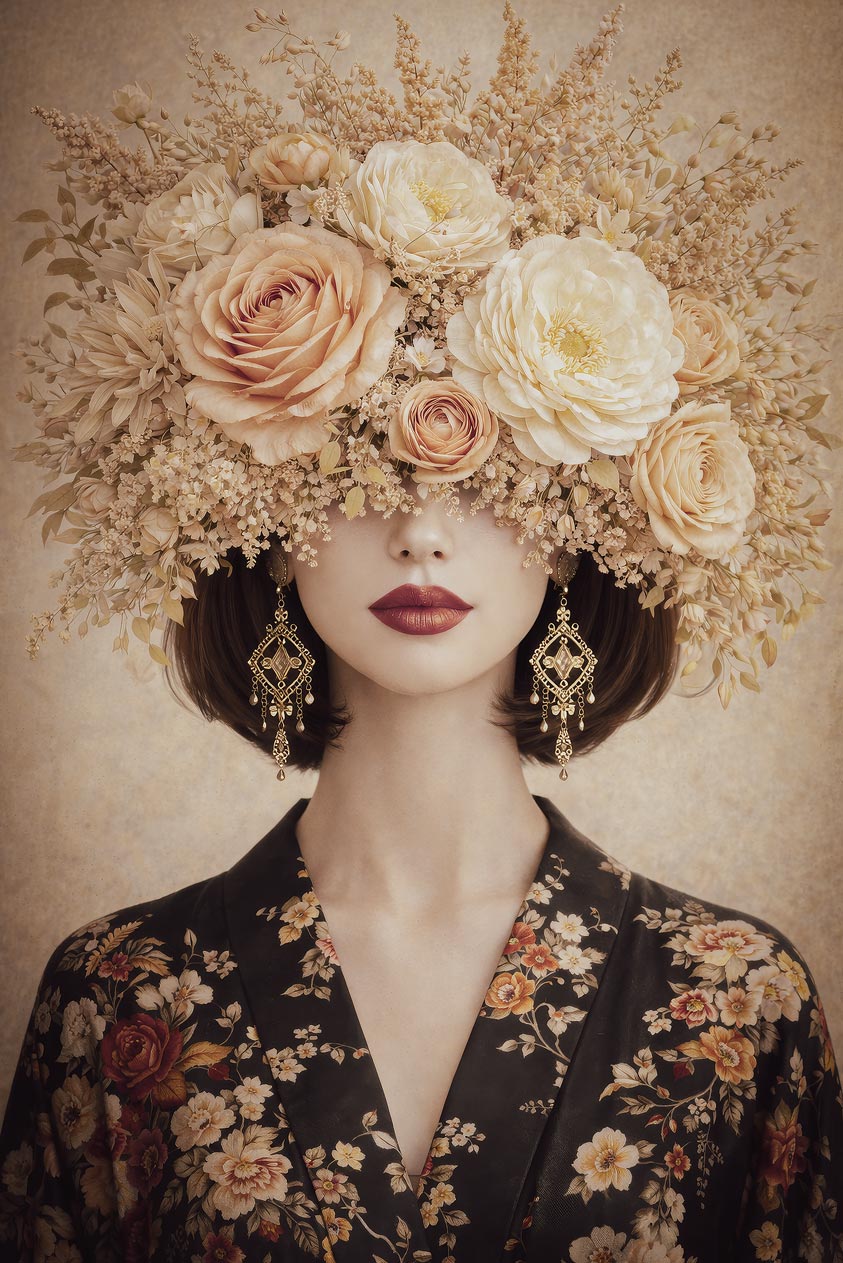 Face Behind the Flowers – vrouwelijk portret met bloemen in beige en goudtinten
