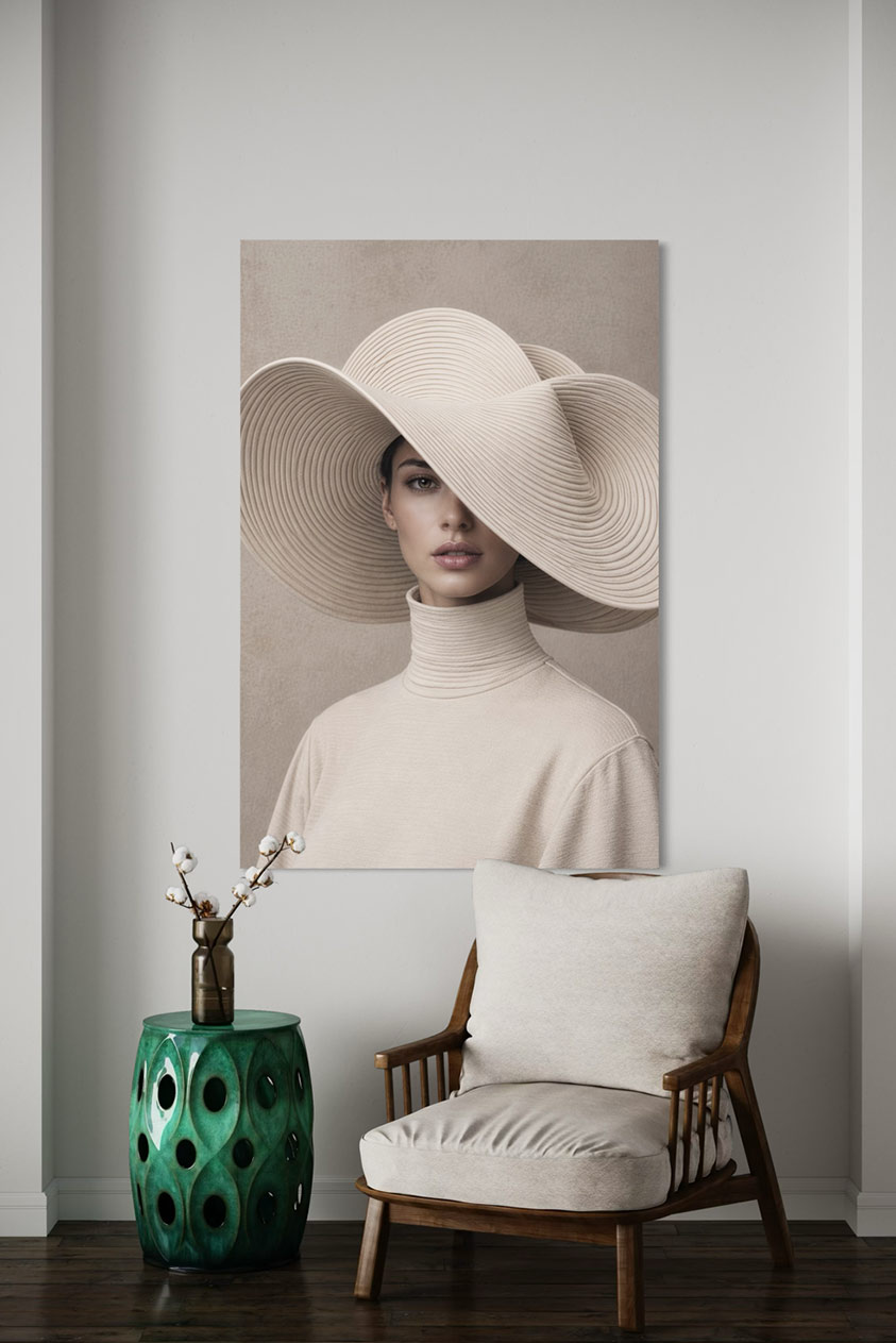 Ivory Thought kunstwerk op plexiglas aan de muur in een modern beige interieur